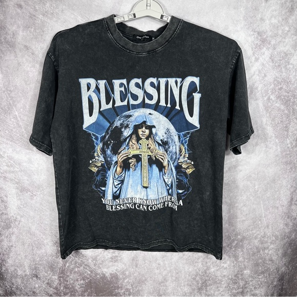 Blessing Mens Shirt Black Medium Graphic Print Crew Neck Religious Street Wear - Picture 1 of 6